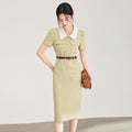 Women Dress Shirt Collar Cotton Slit Midi Belt Slim Vintage Urban Workwear 2026 Summer Fashion Office Top