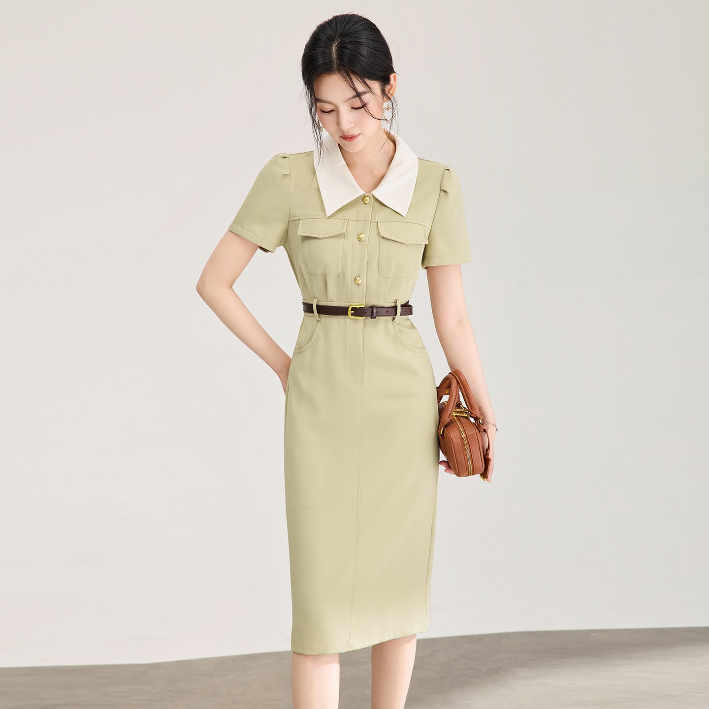 Women Dress Shirt Collar Cotton Slit Midi Belt Slim Vintage Urban Workwear 2026 Summer Fashion Office Top