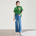 Silk Satin Short Sleeve T-Shirt Chinese Style Stand Collar Embroidered Loose Fit Split Artistic Vintage Casual Summer Top
