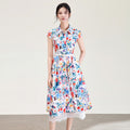 Summer Women's Long A-Line Dress High Waist Liberty Print Silk Cotton Umbrella Skirt Sleeveless Collar Single Button