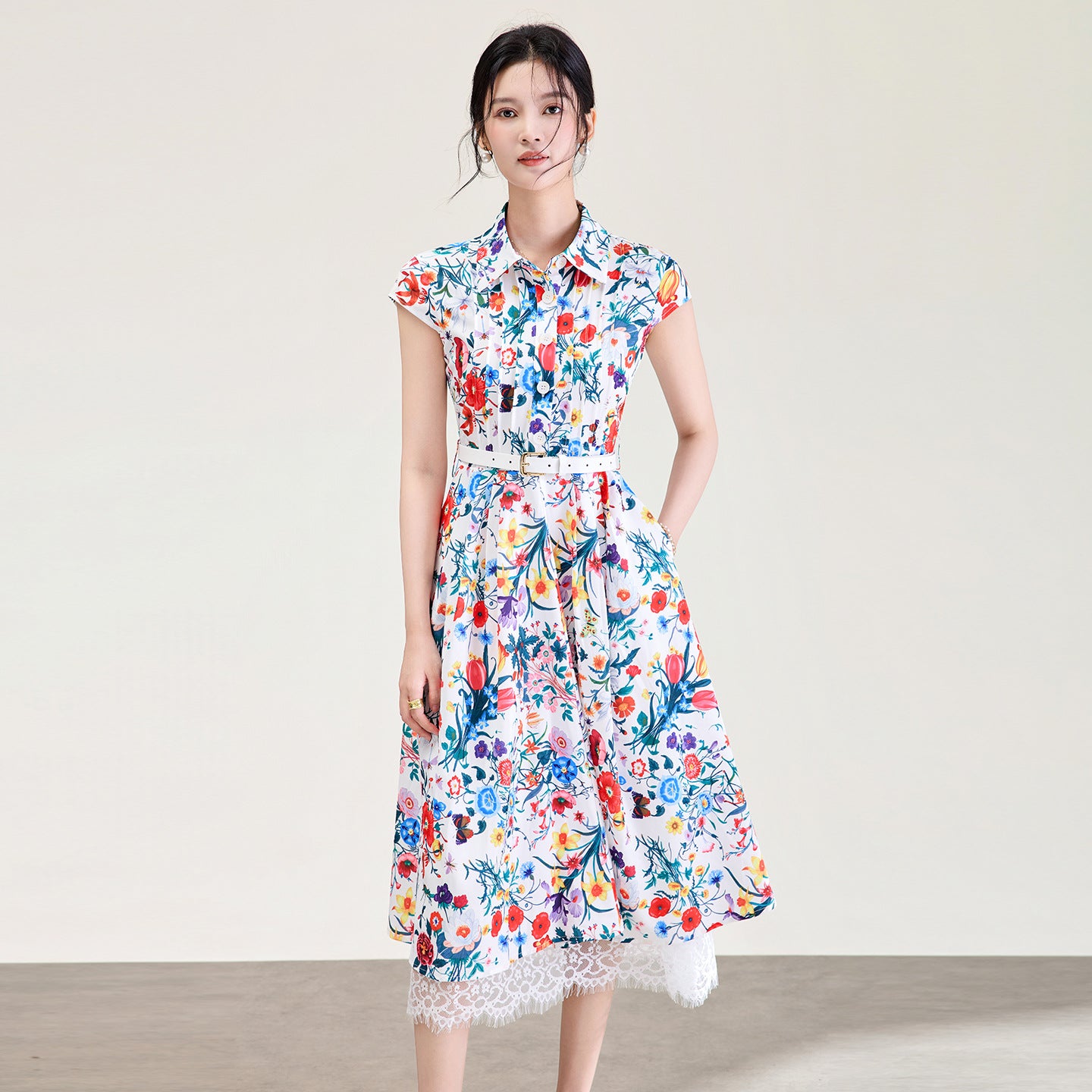 Summer Women's Long A-Line Dress High Waist Liberty Print Silk Cotton Umbrella Skirt Sleeveless Collar Single Button