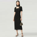 Slimming Mid-Length Black Bubble-Sleeve Dress Women's Fashionable Elegant Slim Fit Knee-Length Short Sleeve Square Collar