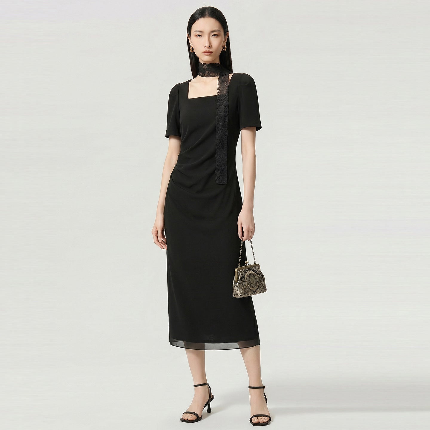 Slimming Mid-Length Black Bubble-Sleeve Dress Women's Fashionable Elegant Slim Fit Knee-Length Short Sleeve Square Collar