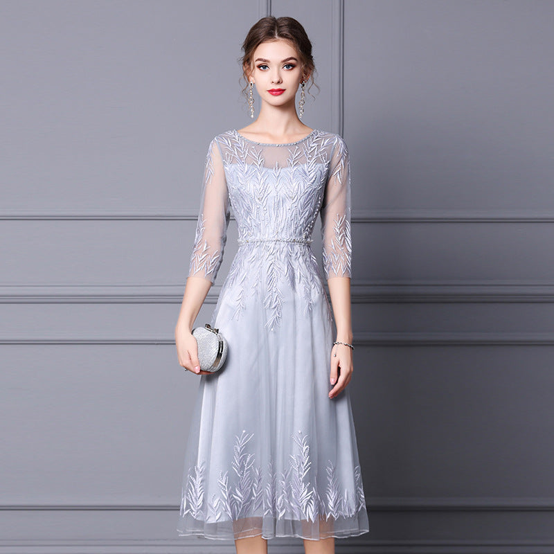 Wine Red High-End Elegant Lace Skirt New High Waist Slimming Large Swing Embroidered Diamond Dress