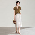 Spring Summer New Style V-Neck Cuffed Short Sleeve Tencel Linen Knitwear Pure Color Pullover Base Shirt Office Casual Tee