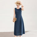 High-Waist Sleeveless High-Yarn Linen Midi Dress Dark Blue Vest Dress Artistic Vintage Style Loose Fit Straight Skirt Dress