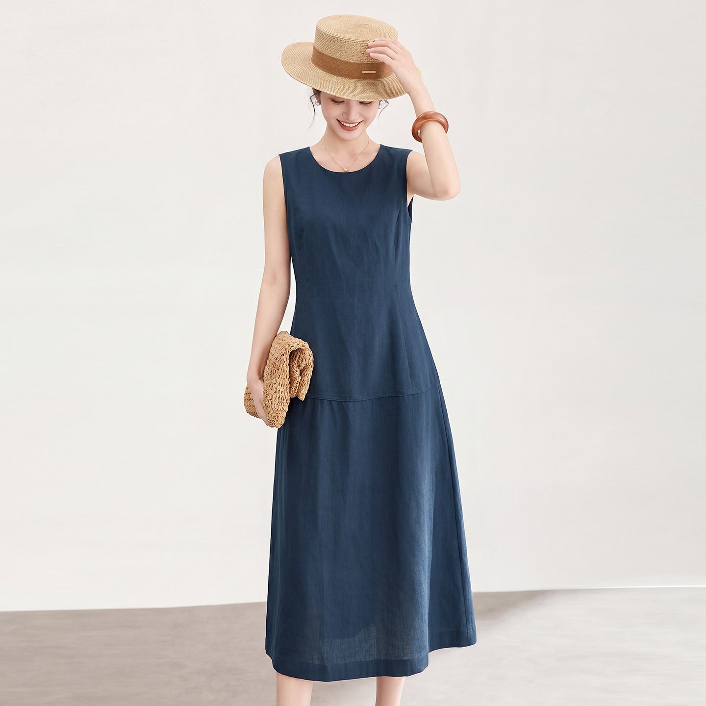 High-Waist Sleeveless High-Yarn Linen Midi Dress Dark Blue Vest Dress Artistic Vintage Style Loose Fit Straight Skirt Dress
