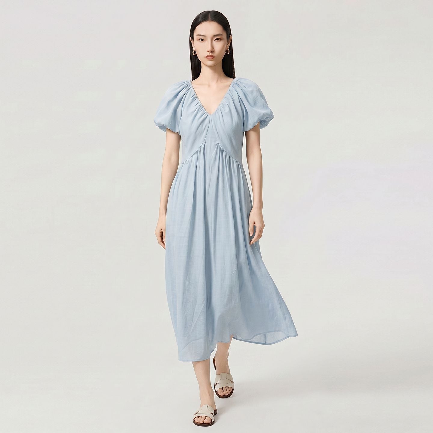 French Style Holiday V-neck Bubble Sleeve Dress Women's Long A-line Knitted Dress Fresh Sweet Style Short Sleeve High Waist