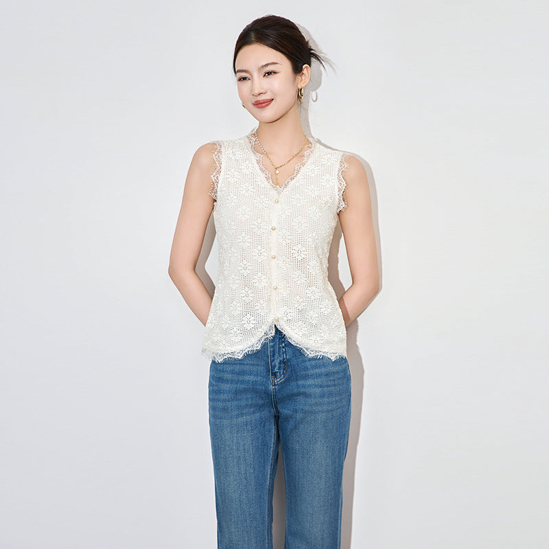 Elegant Slim Fit Lace Vest Top Women's Style Embroidery Breathable Comfortable Polyester Fabric Casual Elegant