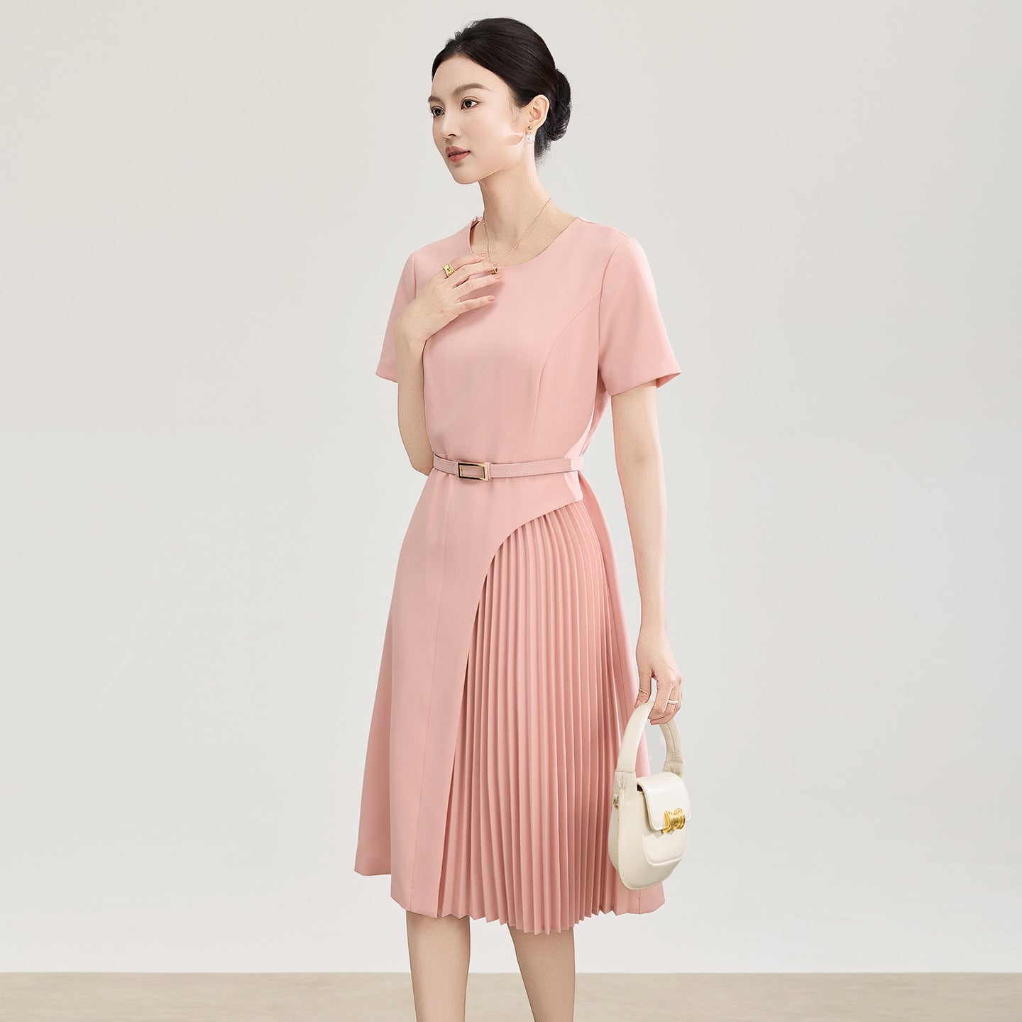 Spring Summer Style Slimming Short Sleeve Gauze Wrap Waist Dress Gentle Elegant A- Line Midi Dress Polyester Blend Fabric