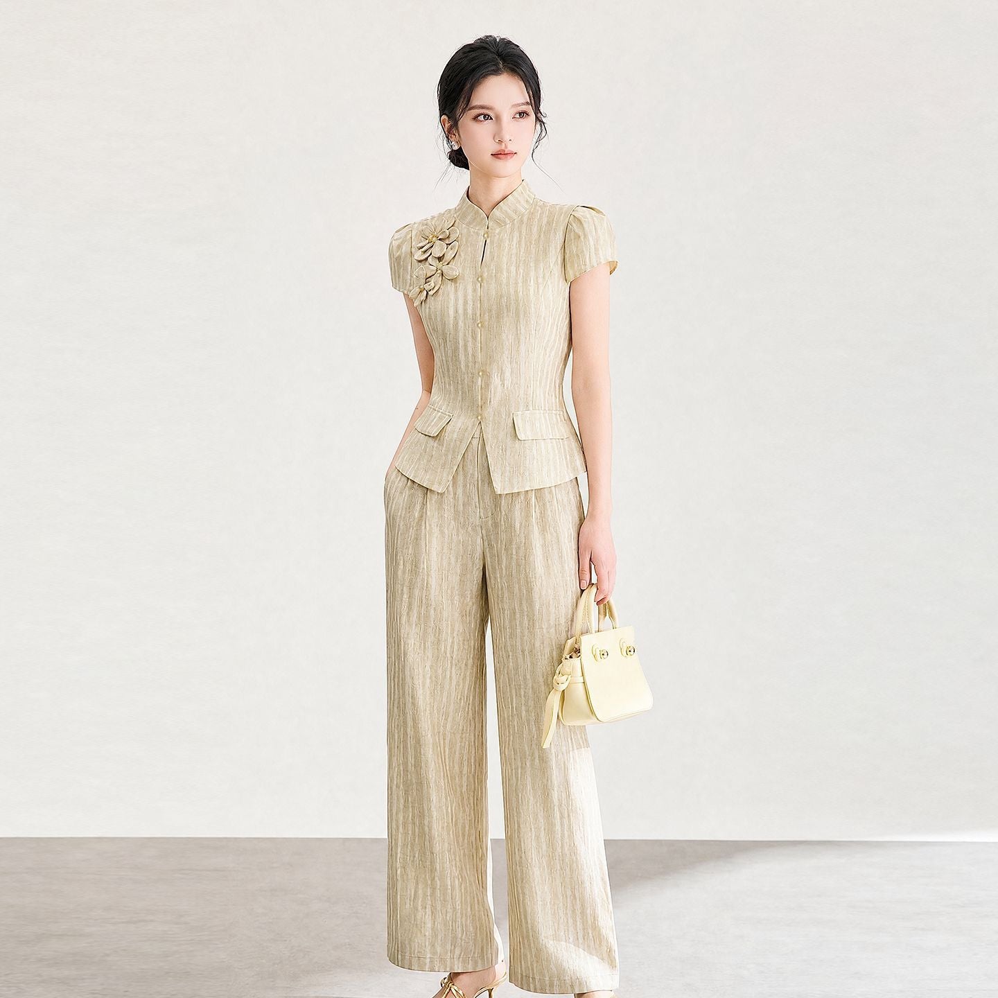 Embossed Craft Short Sleeve Lightweight Top Simple Loose Elastic Straight Pants Women's Set
